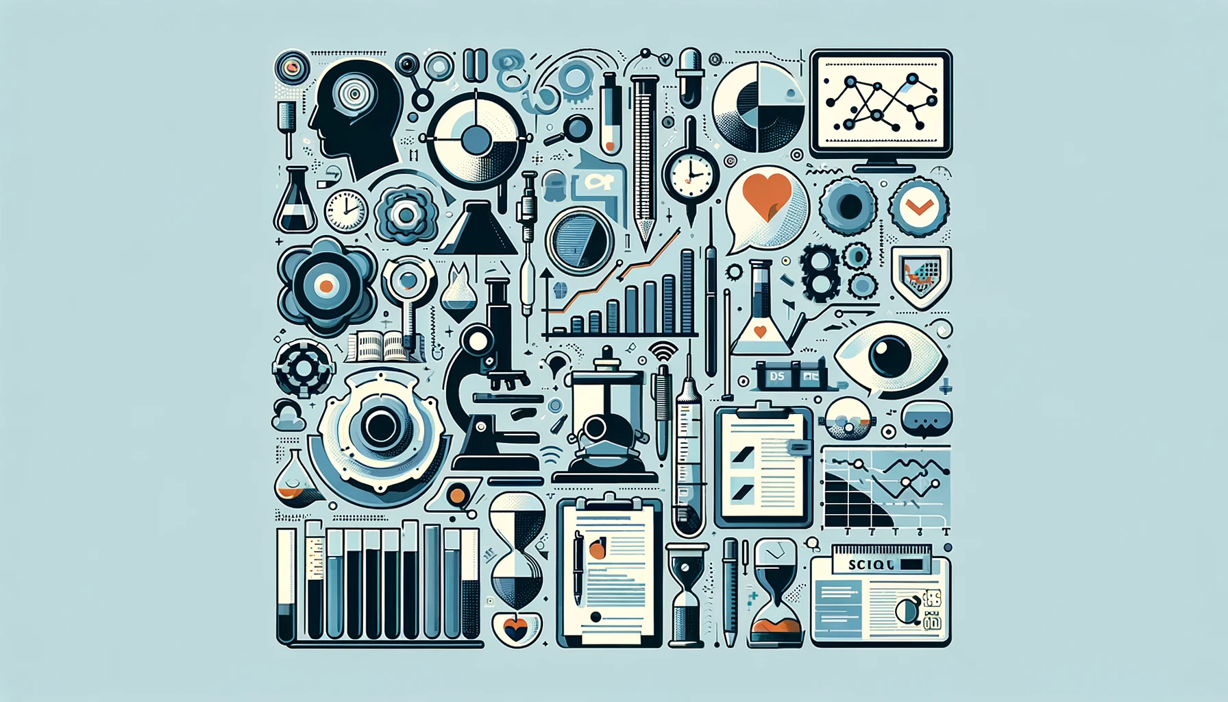 Titelbild für einen Blog-Artikel über Forschungsdesigns in der Psychologie, das eine Collage zeigt. Dargestellt ist ein Laboraufbau, der psychologische Experimente repräsentiert, Diagramme und statistische Daten für korrelative Forschungsdesigns, eine Zeitleiste für Längsschnittstudien und Visualisierungen von Interviews und Feldnotizen für qualitative Forschungsdesigns. Das Design ist modern und professionell, ideal für einen akademischen Blog.